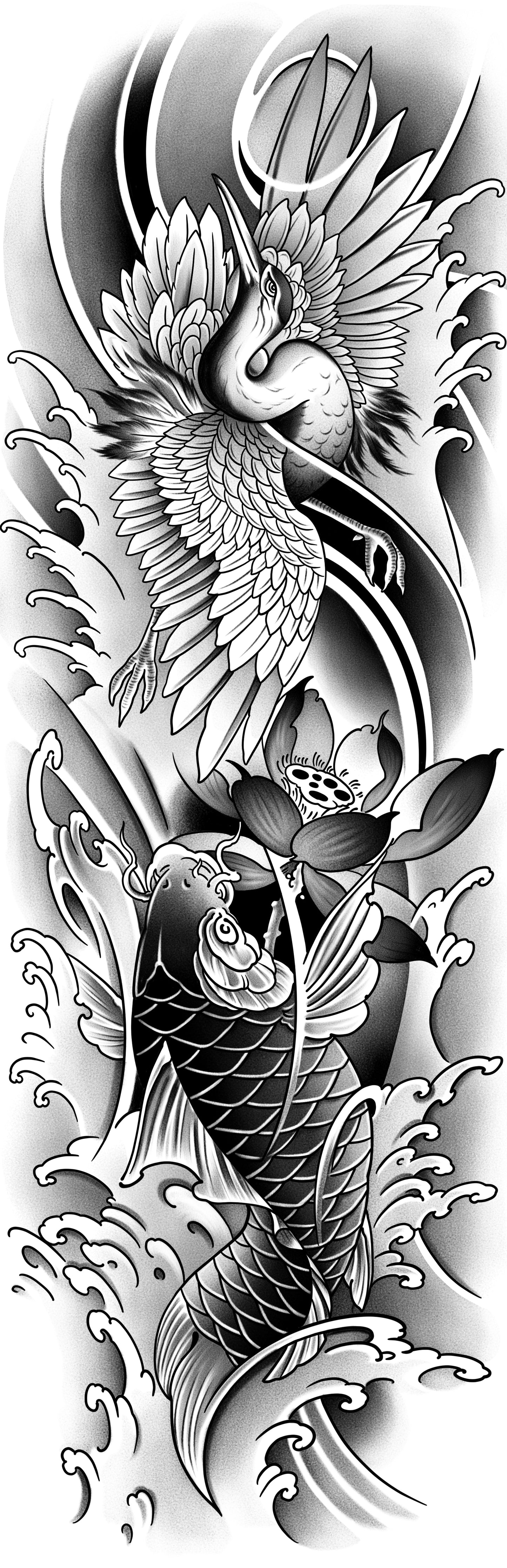Crane, koi & Lotus Traditional