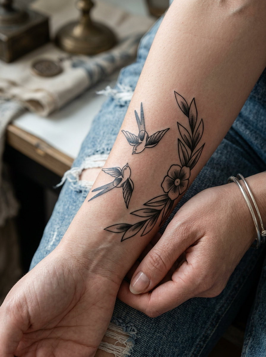 Vertical Swallow with Flowers