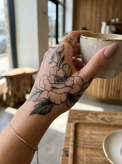 Elegant Peony Blossom Blackwork (6 Pack) | 3.15 in × 3.15 in.