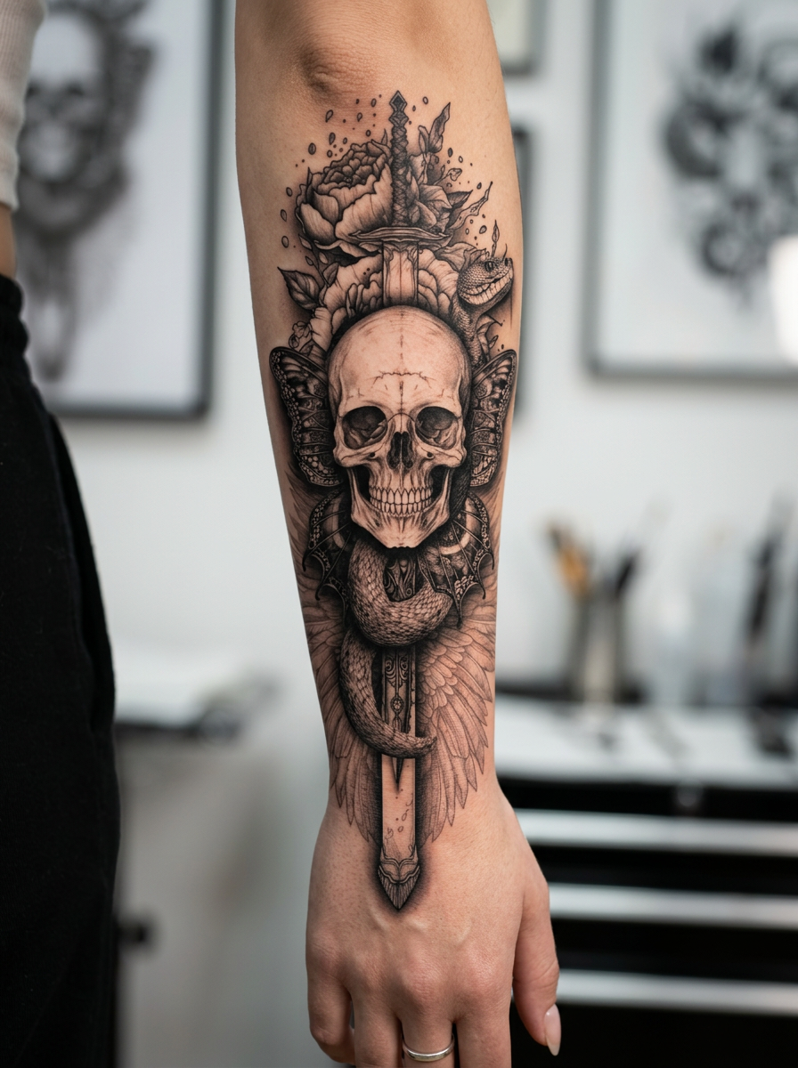 Skull Amidst Roses: Beauty Meets danger.