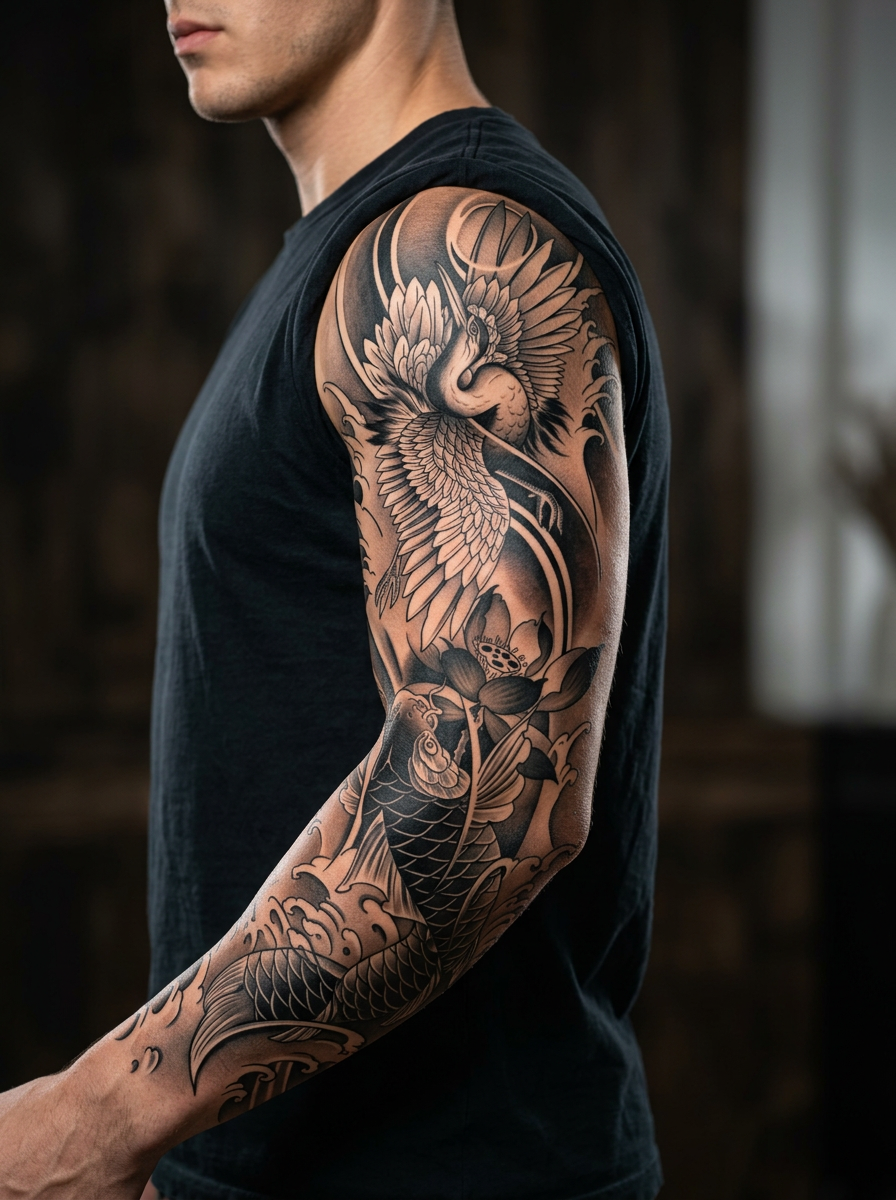 Crane, koi & Lotus Traditional