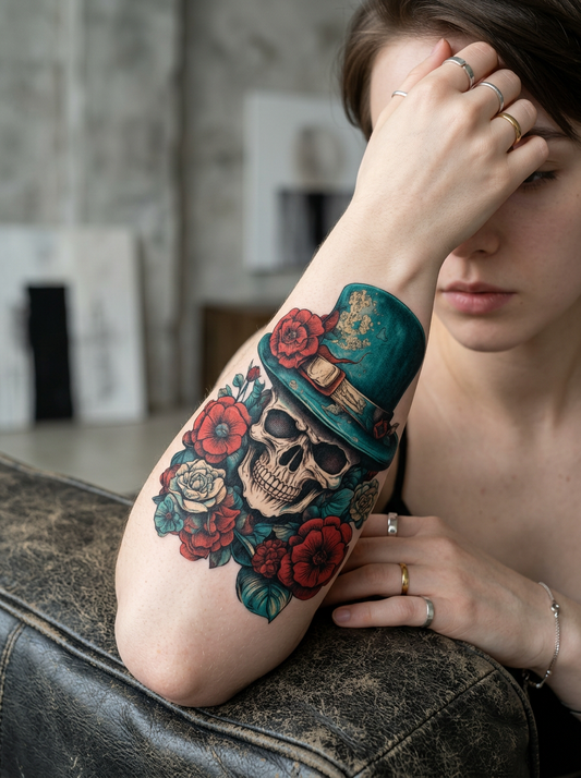 Floral Skull with Hat Colored