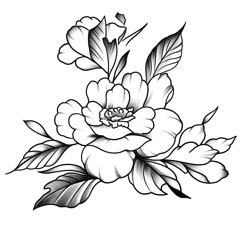 Elegant Peony Blossom Blackwork (6 Pack) | 3.15 in × 3.15 in.