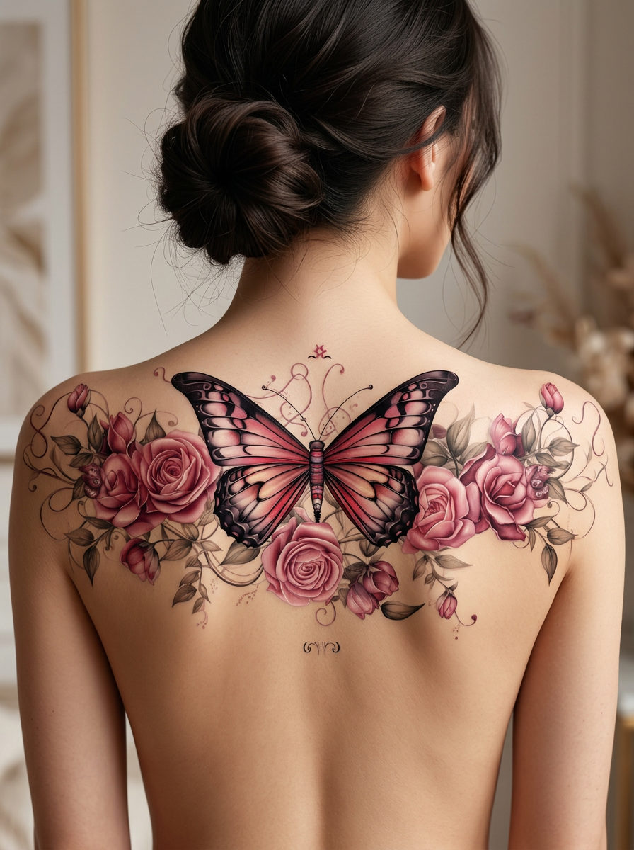 Colored Butterfly & Roses