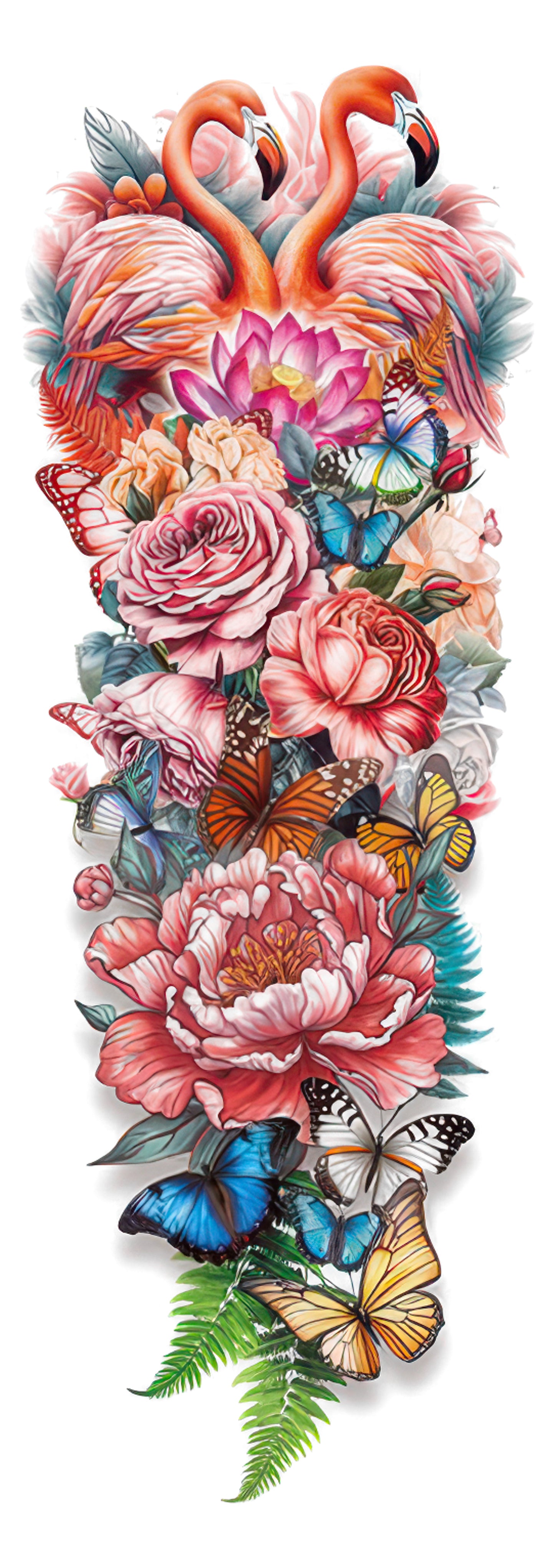 Colored Botanical Flamingos